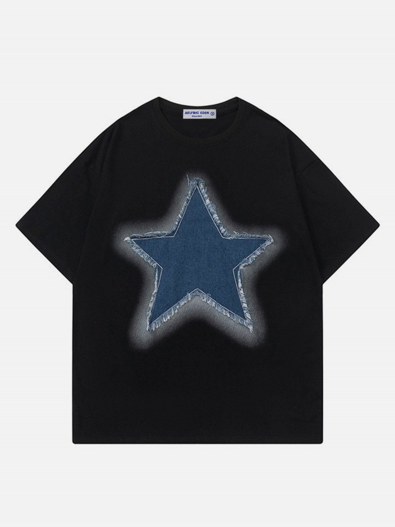 Vert  T Shirts Aelfric Eden Embroidery Denim Star Tee Grise - EON-9412156